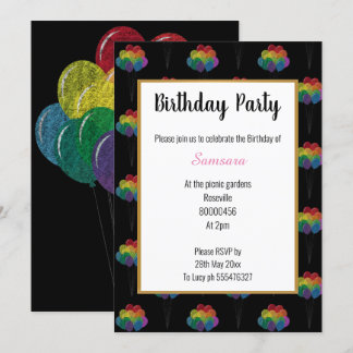 Chalkboard Rainbow Ballon Black Birthday Einladung