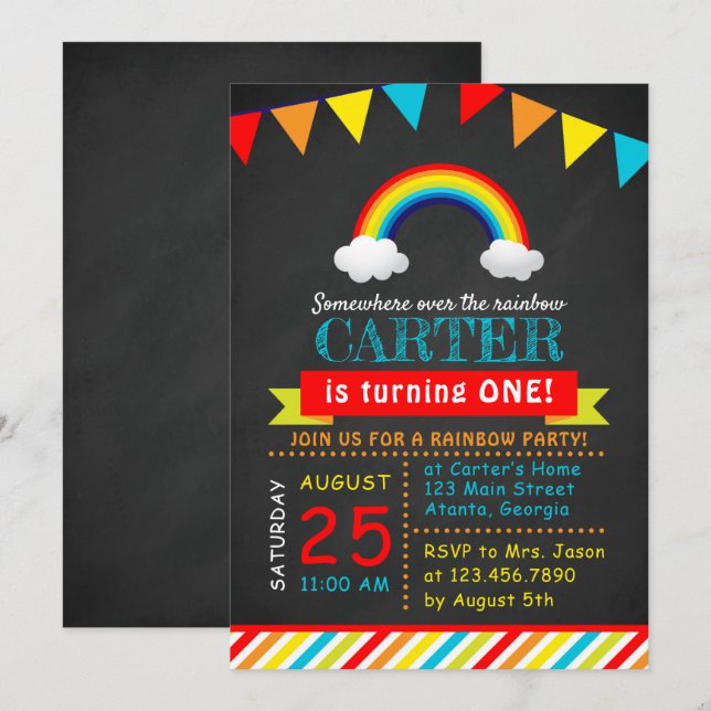 Chalkboard Rainbow Birthday Party Einladung (Vorne/Hinten)