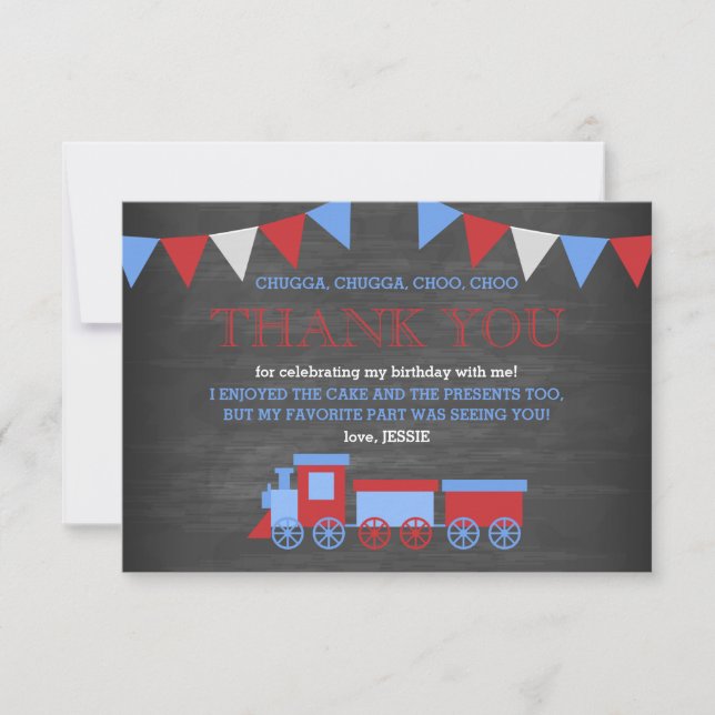 Chalkboard Red and Blue Train Birthday Vielen Dank Dankeskarte (Vorderseite)