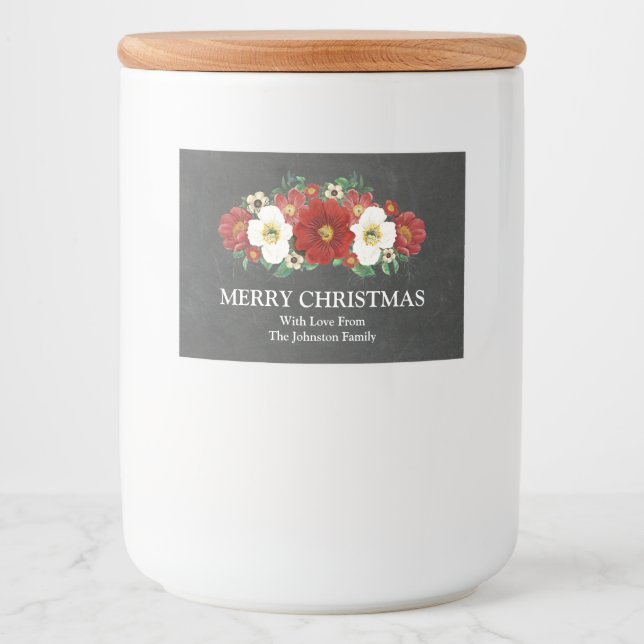 Chalkboard Red Floral Christmas Custom Label Lebensmitteletikett (Vorderseite)
