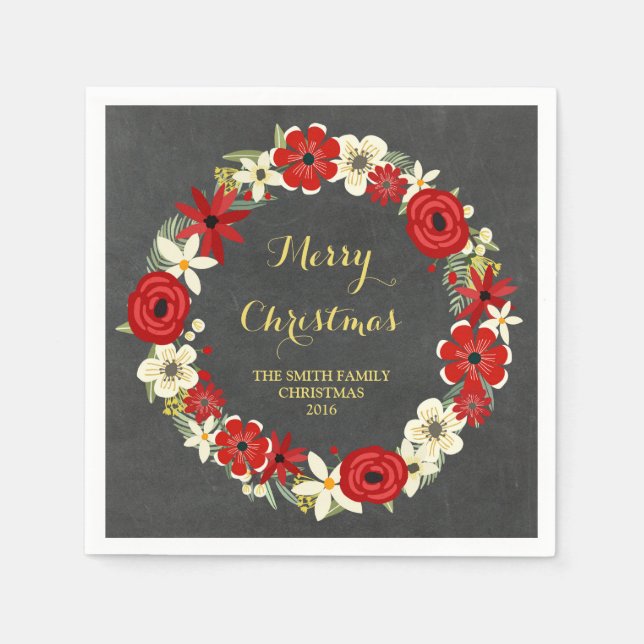 Chalkboard Red Floral Wreath Christmas Napkin Serviette (Vorderseite)
