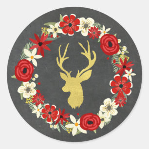 Chalkboard Red Floral Wreath Gold Dei Weihnachten Runder Aufkleber
