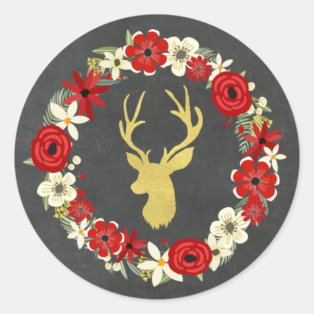 Chalkboard Red Floral Wreath Gold Dei Weihnachten Runder Aufkleber (Vorderseite)