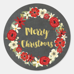 Chalkboard Red Floral Wreath Gold Weihnachten Runder Aufkleber