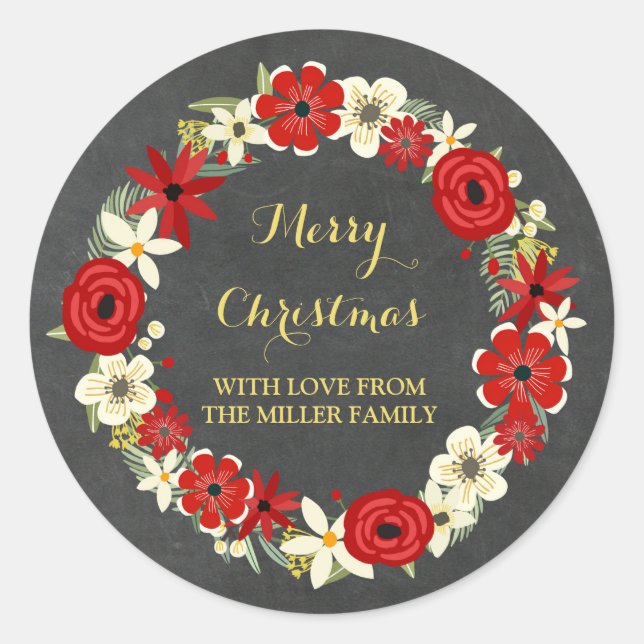 Chalkboard Red Floral Wreath Gold Weihnachten Runder Aufkleber (Vorderseite)