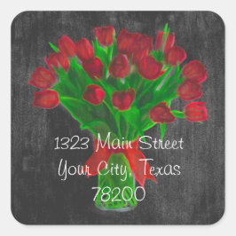 Chalkboard Red Tulips Adressenaufkleber Quadratischer Aufkleber