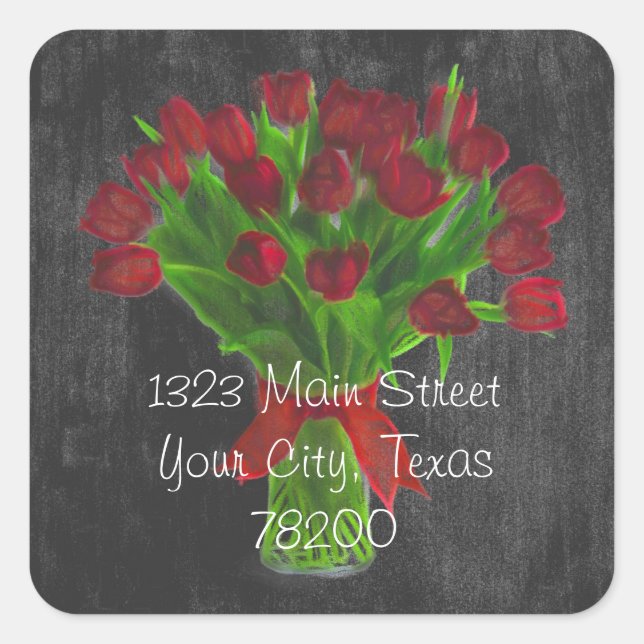 Chalkboard Red Tulips Adressenaufkleber Quadratischer Aufkleber (Vorderseite)