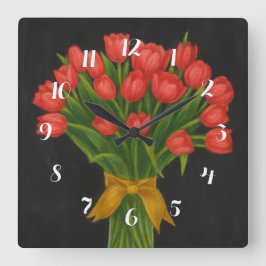 Chalkboard Red Tulips Quadratische Wanduhr
