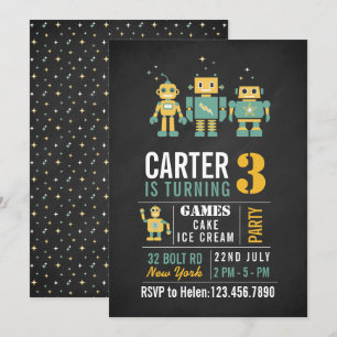Chalkboard Robots Geburtstagsfeier Einladung