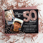 Chalkboard RoseGold Ballons 2 Foto 50. Geburtstag Einladung<br><div class="desc">Feiern Sie den Meilenstein des Eintritts in den herrlichen 50er mit diesen einzigartigen "Chalkboard Rose Gold Balloons 50. Geburtstag Einladungen". Angereichert mit einem rustikalen Chalkboard-Hintergrund und schimmernden Imitaten Rose Gold Glitzer Flecks, laden diese zu Vintagem Charme und moderner Eleganz ein. Laden Sie ein Foto des Geburtstagssterns hoch und passen Sie...</div>
