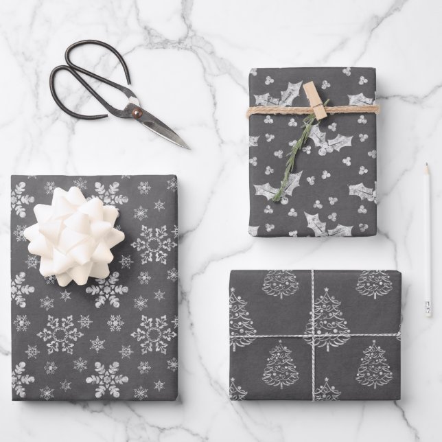 Chalkboard Rustikale Schwarz-Weiß Weihnachtswrappi Geschenkpapier Set (Vorderseite)