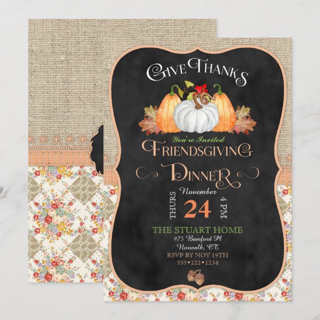 Chalkboard Rustikales Country Friendsgiving Burlap Einladung (Vorne/Hinten)