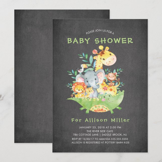 Chalkboard Safari Animals Kinderdusche Einladungen (Vorne/Hinten)