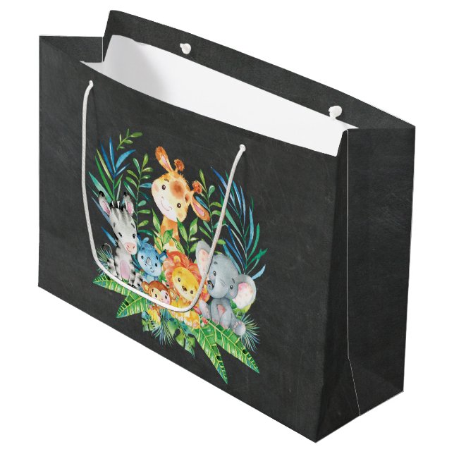 Chalkboard Safari Jungle Baby Dusche Geschenktasch Große Geschenktüte (Vorderseite Schrägansicht)