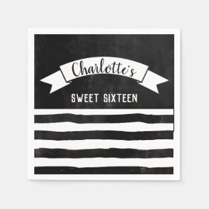 Chalkboard Schwarz/Weiß Streifen Modernes Sweet 16 Serviette