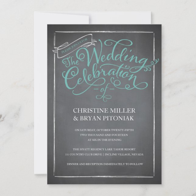 Chalkboard Script Blue Wedding Einladung (Vorderseite)