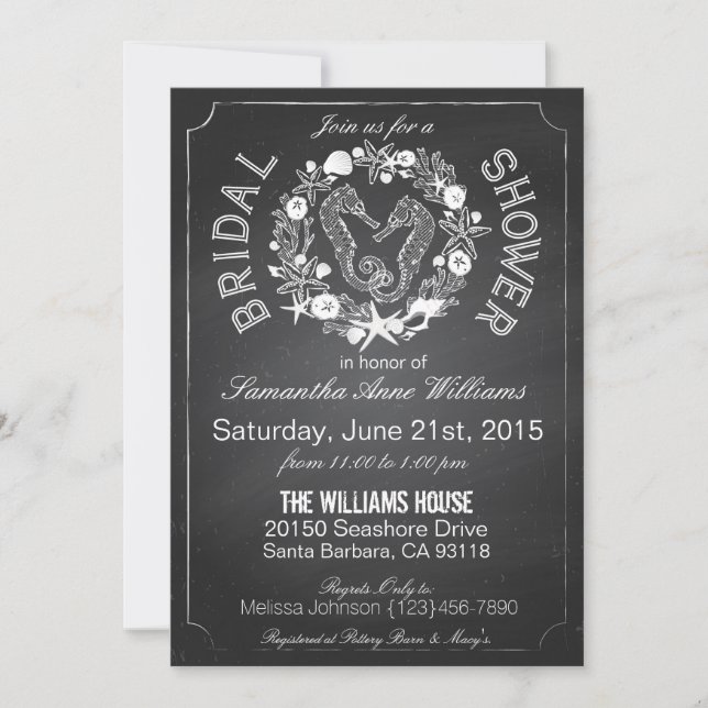 Chalkboard Seepferd Seashells Brautparty Einladung (Vorderseite)