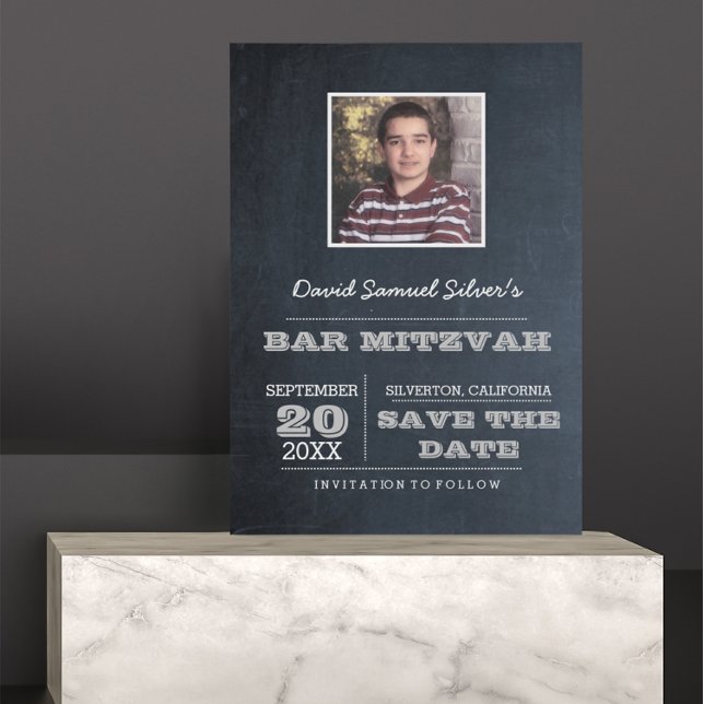 Chalkboard Silver Bar Mitzvah Foto Save the Date Ankündigungspostkarte (Von Creator hochgeladen)