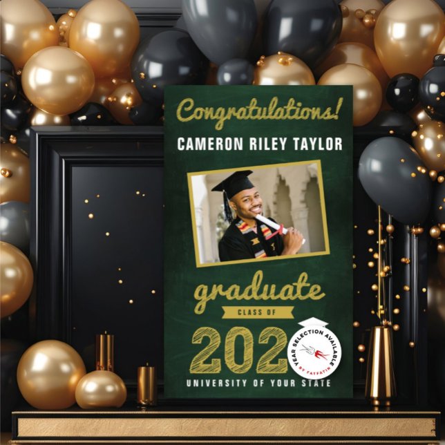 Chalkboard Sketch 2025 Foto Graduation Party Banner (20YY Gold Sketch Chalkboard One Photo Modern Graduation Party Banner @ www.zazzle.com/color_therapy)