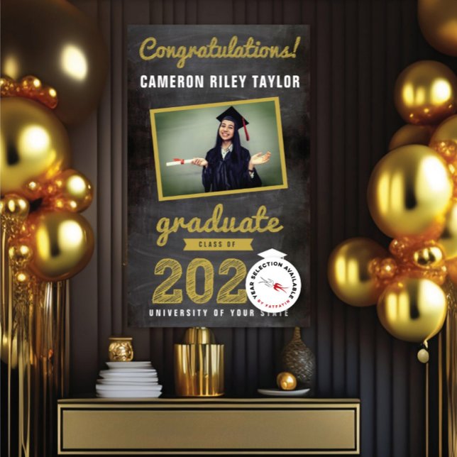 Chalkboard Sketch 2025 Foto Graduation Party Banner (20YY Gold Sketch Chalkboard One Photo Modern Graduation Party Banner @ www.zazzle.com/color_therapy)