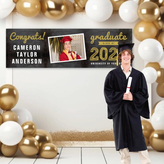 Chalkboard Sketch 2025 Glückwunschs Foto Abschluss Banner (2024 Black Chalkboard & Gold Sketch One Photo Graduation Party Banner @ www.zazzle.com/color_therapy)
