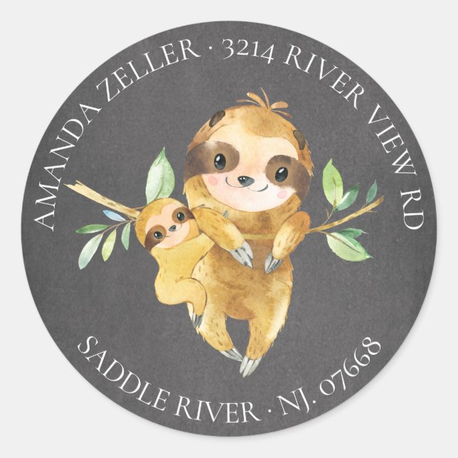 Chalkboard Sloth Baby Dusche Rücksendeadresse Etik Runder Aufkleber (Vorderseite)