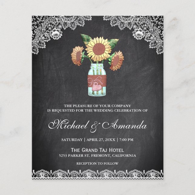 Chalkboard Sonnenblumen Budget Einladung Hochzeit (Vorderseite)