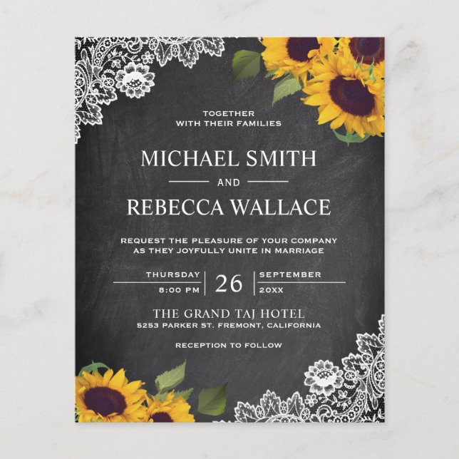 Chalkboard Sonnenblumen Budget Einladung Hochzeit (Vorderseite)