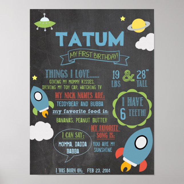 Chalkboard Spacship personnalisé 1 an poster (Devant)