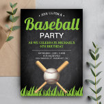 Chalkboard Sports Kids Baseball Geburtstagsparty Einladung<br><div class="desc">Die coole Baseball-Geburtstagsfeier mit gekreuzten Fledermäusen und einem Baseball mit moderner Typografie vor einem Hintergrund aus Kalkplatten lädt zum Verweilen ein. Fügen Sie einfach Ihre Veranstaltungsdetails zu dieser einfach zu bedienenden Vorlage hinzu, um sie zu einer einmaligen Einladung zu machen. Dreh die Karte auf, um eine schöne grüne Grasstruktur auf...</div>