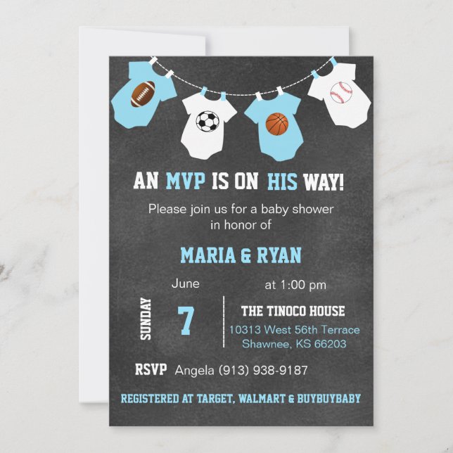 Chalkboard Sports Thème Baby Shower Invitations (Devant)