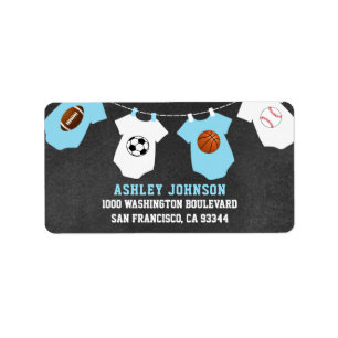 Chalkboard Sports Theme Blue Boy Baby Dusche Adressaufkleber