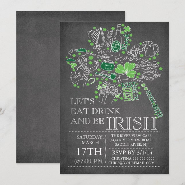 Chalkboard St. Patrick's Day Bash Dinner Party Einladung (Vorne/Hinten)