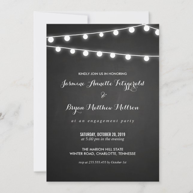 Chalkboard String of Lights Engagement Party Einladung (Vorderseite)