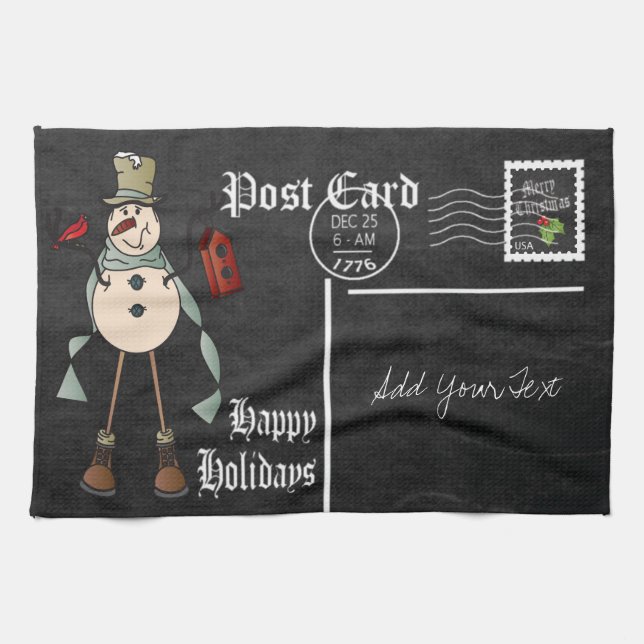 Chalkboard Style Blue Snowman Postcard Design Geschirrtuch (Horizontal)