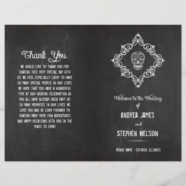 Chalkboard Sugar Skull Blühe Hochzeitsprogramme (Vorderseite)