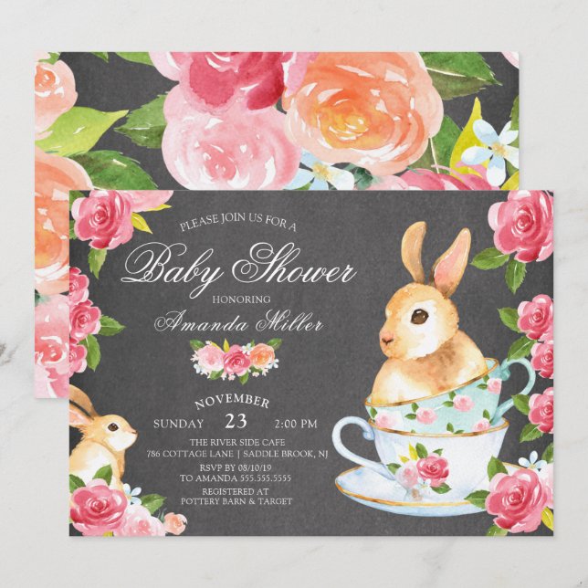Chalkboard Sweet Bunny Baby Dusche Tee Party Einladung (Vorne/Hinten)