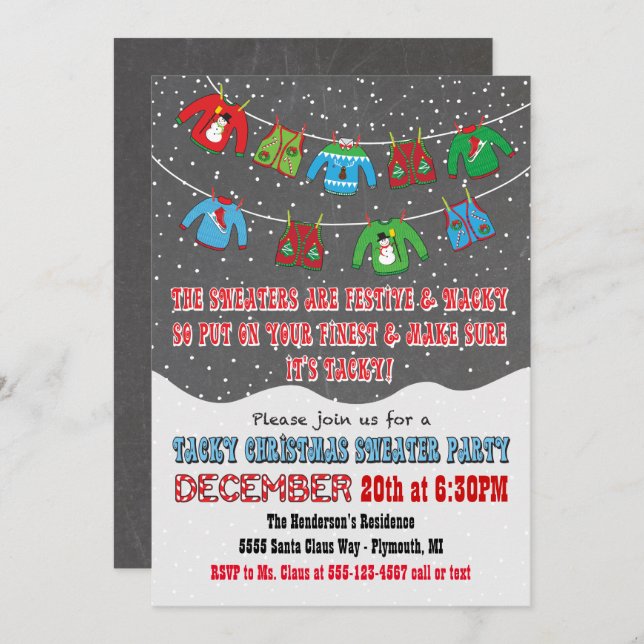 Chalkboard Tacky Christmas Sweater Invitations (Devant / Derrière)