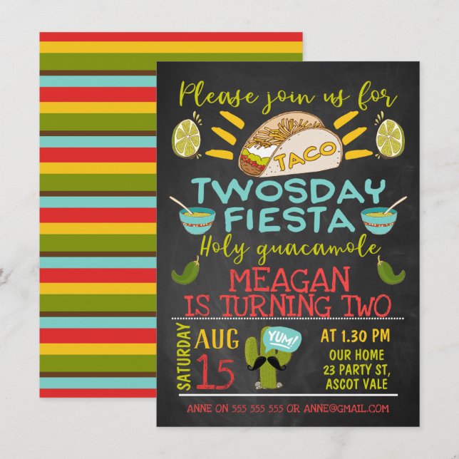 Chalkboard Taco Deux Anniversaire Invitation (Devant / Derrière)