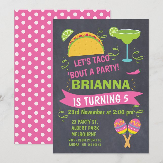 Chalkboard Taco Fiesta Einladung zum Geburtstag (Vorne/Hinten)