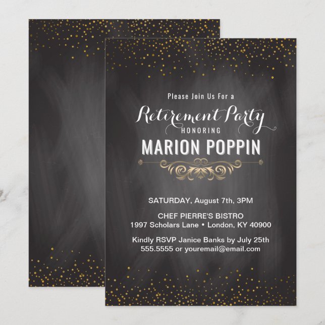 Chalkboard Teacher Retirement Party Elegantes Gold Einladung (Vorne/Hinten)