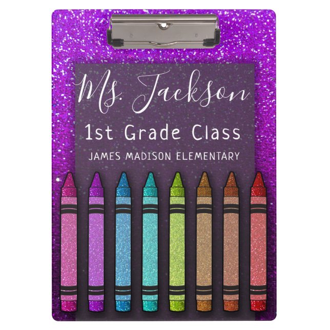 Chalkboard Teacher's Name Rainbow Glitzer Crayons Klemmbrett (Vorderseite)