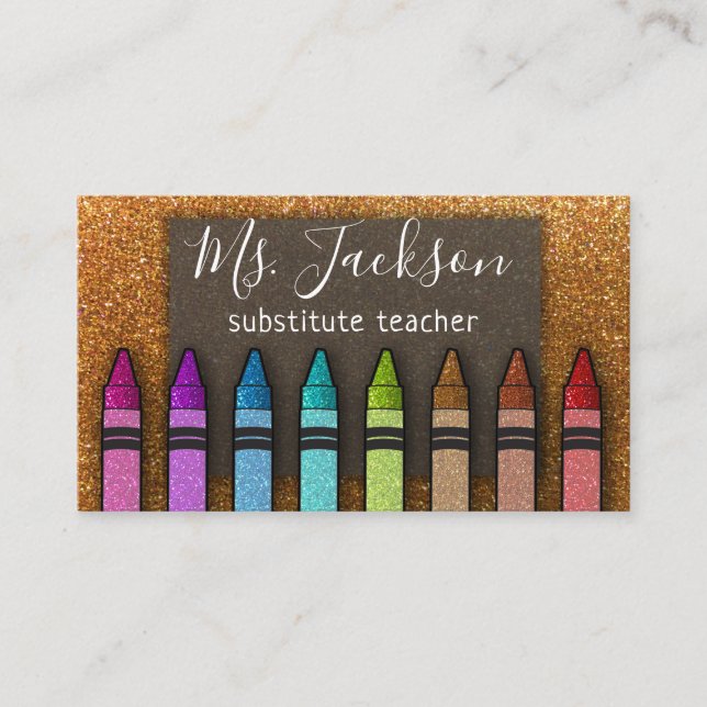 Chalkboard Teacher's Name Rainbow Glitzer Crayons Visitenkarte (Vorderseite)