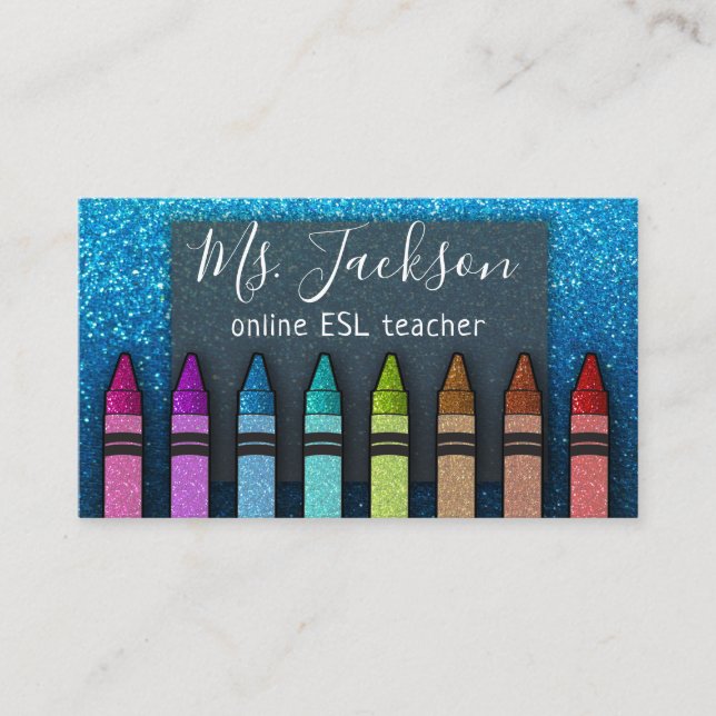 Chalkboard Teacher's Name Rainbow Glitzer Crayons Visitenkarte (Vorderseite)