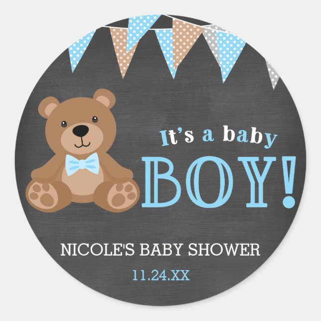 Chalkboard Teddy Bear Boy Babydusche Runder Aufkleber (Vorderseite)