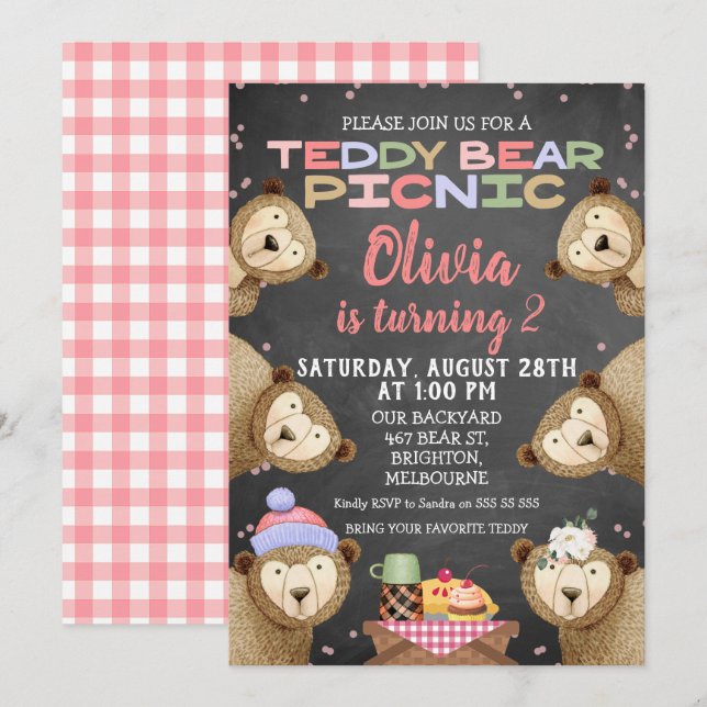 Chalkboard Teddy Bear Picnic Einladung zum Geburts (Vorne/Hinten)