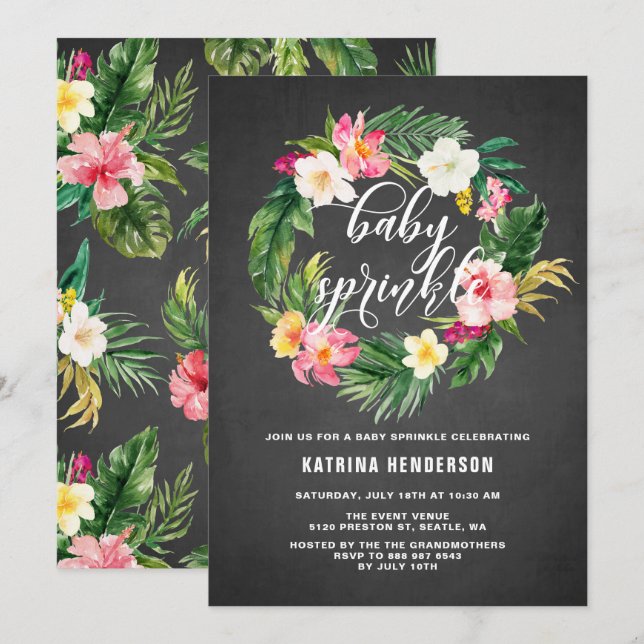 Chalkboard Tropische Blume Wreath Baby Sprinkle Einladung (Vorne/Hinten)