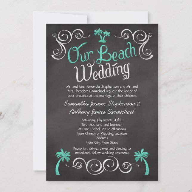 Chalkboard Türkis Palm Tree Beach Hochzeit Einladung (Vorderseite)