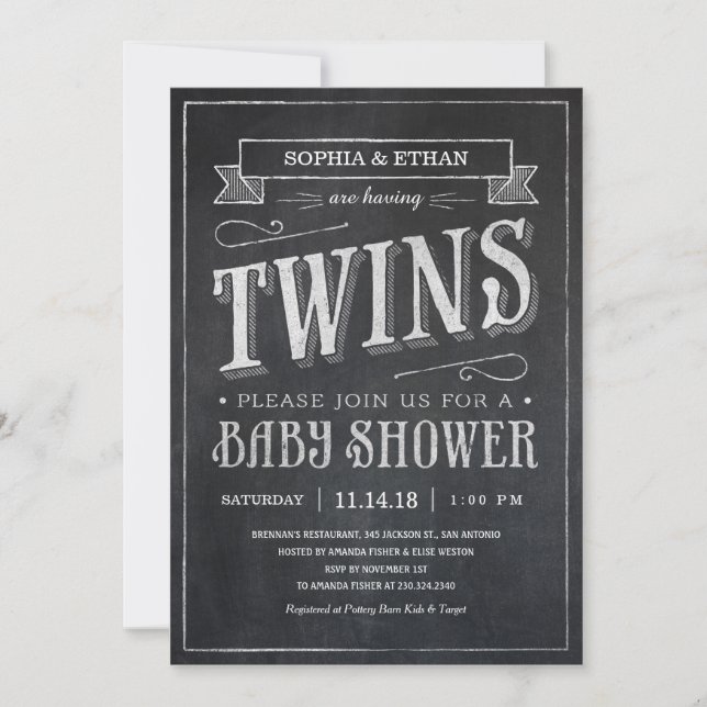 Chalkboard Twin Baby Shower Invitations (Devant)