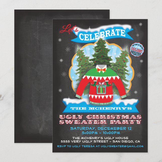 Chalkboard Ugly Christmas Sweater Einladungen (Vorne/Hinten)